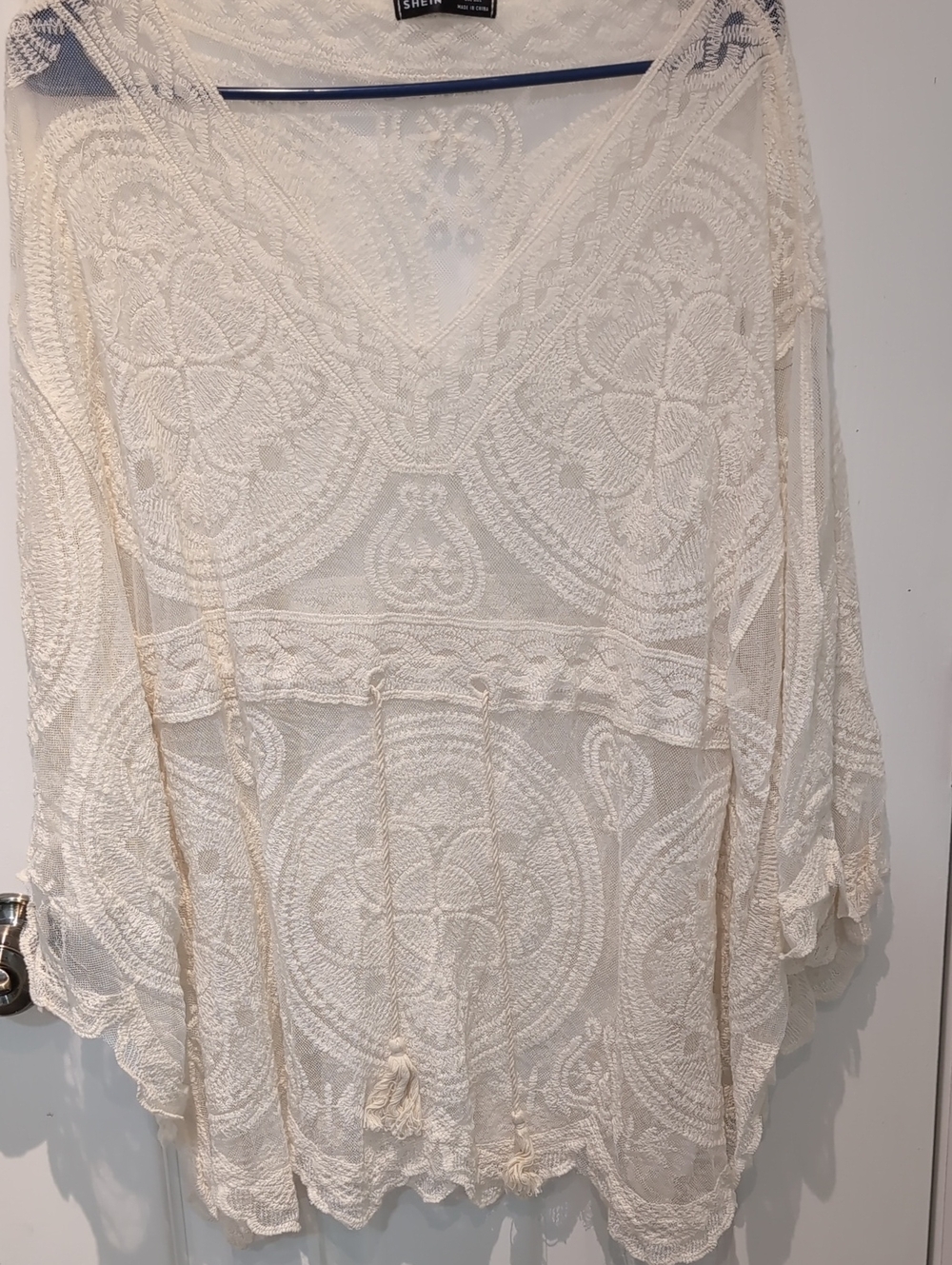 SHEIN Cream Crochet Lace V-Neck Tunic with Tie Front